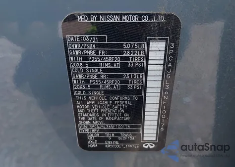 2022 Infiniti Qx55 Sensory Awd из США, поврежденный, VIN 3PCAJ5L36NF100178